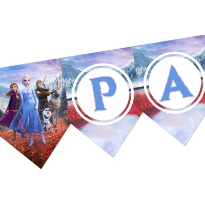 Bandeirola decorativa com personagens da animação Frozen e letras P e A