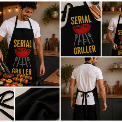 Avental preto com design SERIAL GRILLER e ilustração de grelhador usado por homem em ambiente de cozinha.