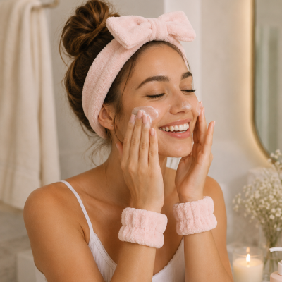 Mulher a aplicar creme facial com acessórios cor de rosa no cabelo e pulsos em casa de banho