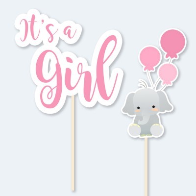 Toppers para bolos temáticos 'It's a Girl' com elefante e balões cor-de-rosa