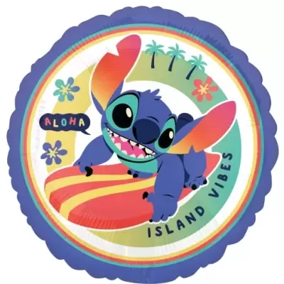balão com personagem Stitch em prancha de surf e texto ALOHA e ISLAND VIBES