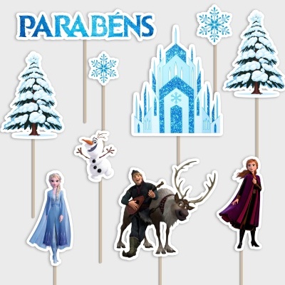 Toppers de bolo do Frozen com personagens e elementos em papel/cartão