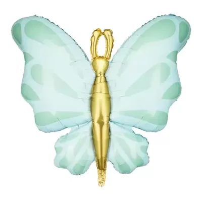 Balão metálico em forma de borboleta com corpo dourado e asas verde-água