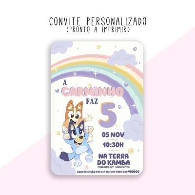 Convite infantil personalizado com dois cães animados, arco-íris e texto em português