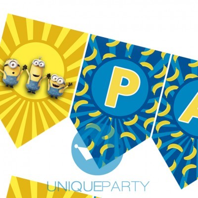 Bandeirola decorativa com Minions em amarelo e azul, texto P e marca UNIQUEPARTY