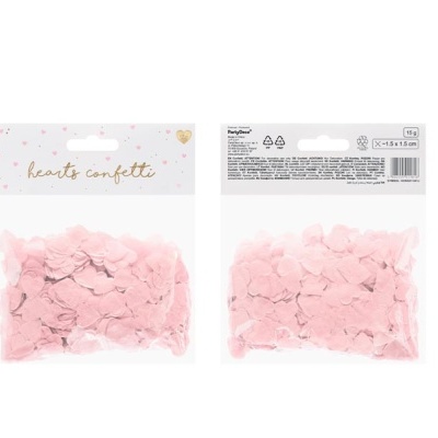 Pacote de confeti em forma de corações cor-de-rosa com embalagem branca e dourada