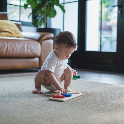 Bebé a brincar com brinquedo de madeira colorido no tapete numa sala com sofá castanho e plantas