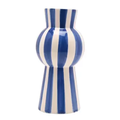 Vaso de cerâmica às riscas azuis e brancas