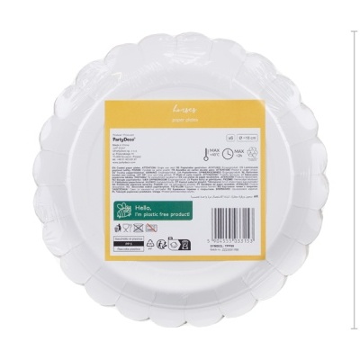 Prato branco de papel com etiqueta amarela e branca na parte de trás