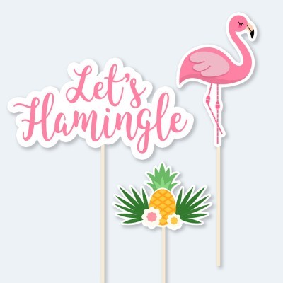 Toppers para bolo com texto 'Let's Flamingle', flamingo rosa e abacaxi com folhas verdes em papel