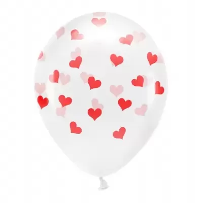 Balão branco com corações vermelhos e rosa claro