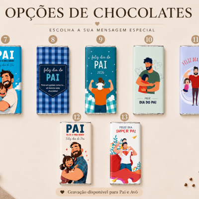 Sete barras de chocolate com embalagens temáticas do Dia do Pai em português