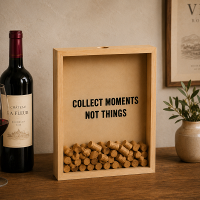 Quadro de madeira com rolhas e texto inspirador, garrafa e taça de vinho tinto, vaso com planta sobre mesa de madeira