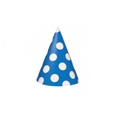 Chapéu de cone azul com bolinhas brancas