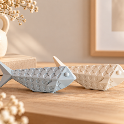 Dois peixes decorativos cerâmicos em azul claro e branco sobre mesa de madeira com vaso e flores secas ao fundo