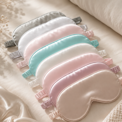 Máscaras de dormir coloridas em tecido acetinado sobre superfície creme