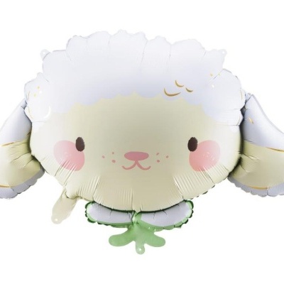 Balão de alumínio em formato de cordeiro com rosto sorridente e bochechas cor-de-rosa.