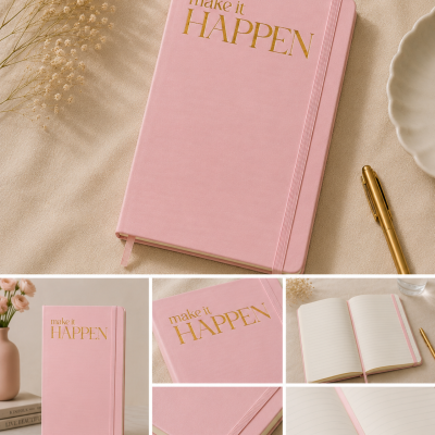 Caderno rosa com capa dura e texto dourado make it HAPPEN, páginas internas pautadas e caneta dourada