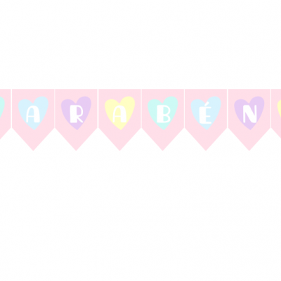 Faixa decorativa com a palavra PARABÉNS em letras coloridas e corações