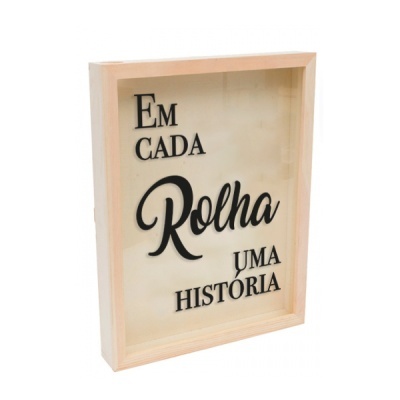 Caixa decorativa para rolhas com texto em vidro e moldura de madeira clara