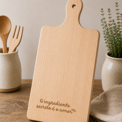 Tabua de cortar de madeira com gravação e utensílios de cozinha ao fundo