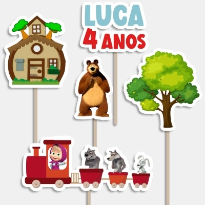 Toppers decorativos de aniversário com casa, urso, árvore, comboio com personagens e texto LUCA 4 ANOS.