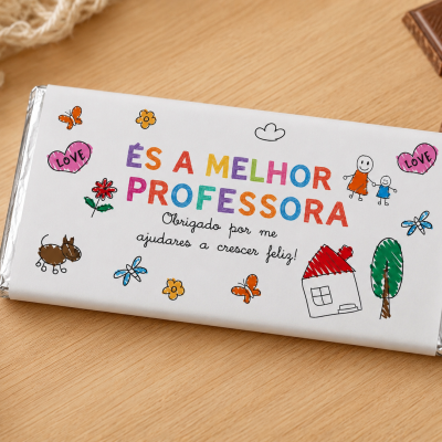 Pacote de chocolate com mensagem ÉS A MELHOR PROFESSORA e desenhos infantis coloridos