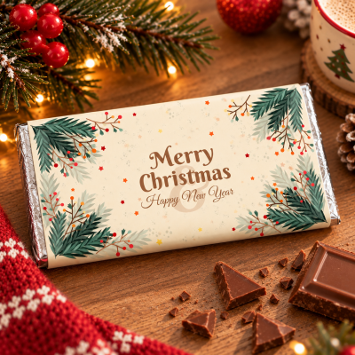 Barra de chocolate embrulhada em papel decorativo natalício junto a pedaços de chocolate e decoração de Natal.