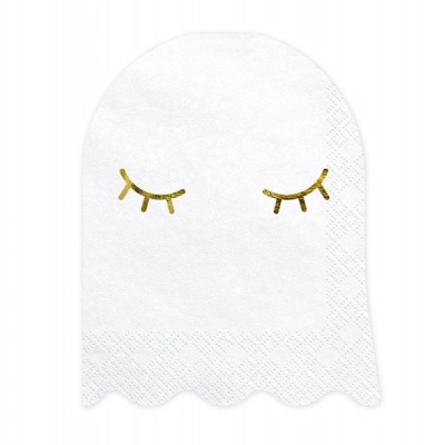 Guardanapo branco em forma de fantasma com olhos dourados fechados