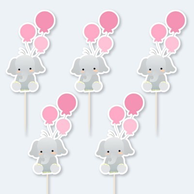 Toppers para bolos de elefantes cinzentos com balões cor-de-rosa