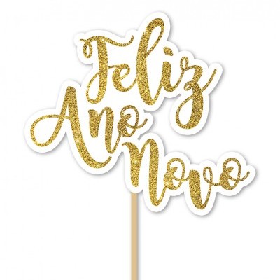 Acessório de festa de madeira com texto dourado 'Feliz Ano Novo' em palito de madeira