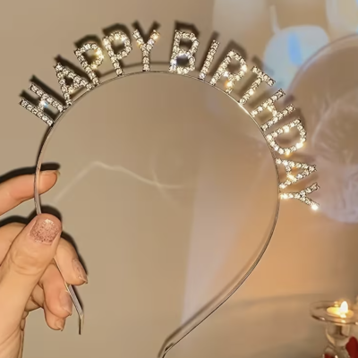 Aro de cabeça com letras HAPPY BIRTHDAY brilhantes