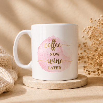 Caneca branca com texto dourado e rosa em base redonda de pedra com decoração bege