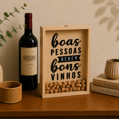 Conjunto decorativo com garrafa de vinho, caixa de rolhas, vaso com ramos, castiçal e livros sobre madeira