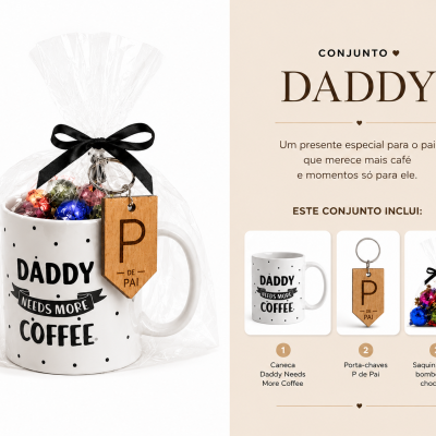 Conjunto de presente para pai com caneca, porta-chaves e saco de bombons