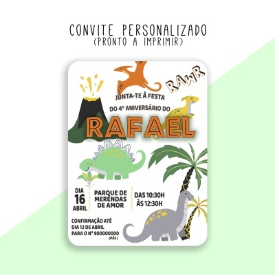 Convite de aniversário personalizado com dinossauros e texto em português
