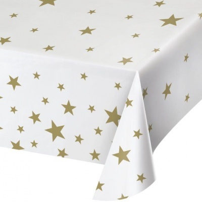 Toalha de mesa branca com estrelas douradas estampadas