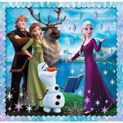 Personagens do Frozen em imagem decorativa com fundo gelado e flocos de neve