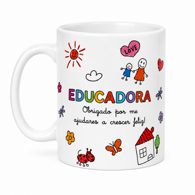 Caneca branca com desenhos coloridos e texto em português a agradecer educadora.