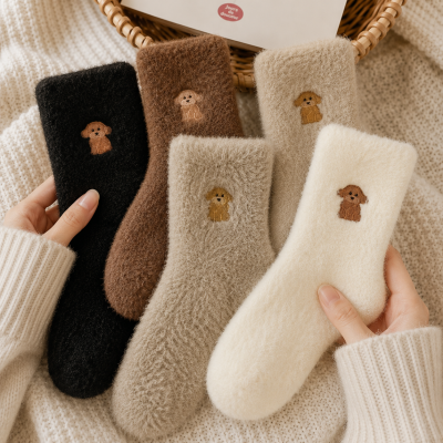 Meias felpudas coloridas com bordado de cãozinho