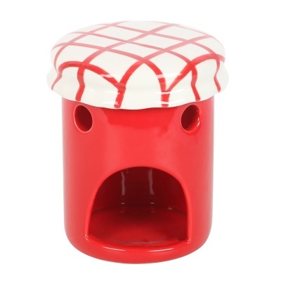 Recipiente de cerâmica vermelho com tampa branca decorada com linhas vermelhas