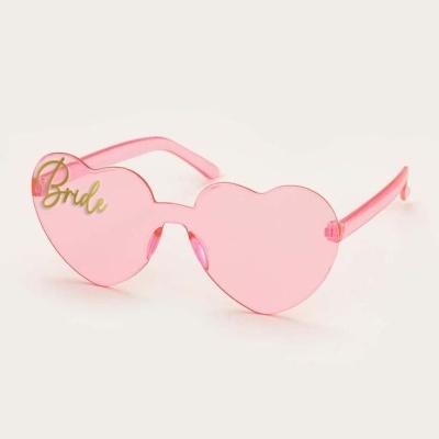 Óculos de sol rosa em forma de coração com a palavra Bride escrita