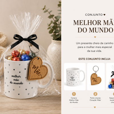Conjunto de presente com caneca, chaveiro e bombons para a melhor mãe do mundo