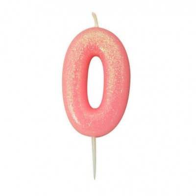 Vela de aniversário número 0 rosa com brilho dourado