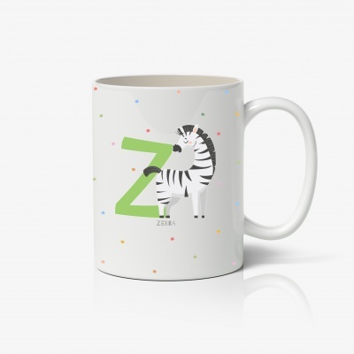 Caneca branca com letra Z verde e desenho de zebra preto e branco