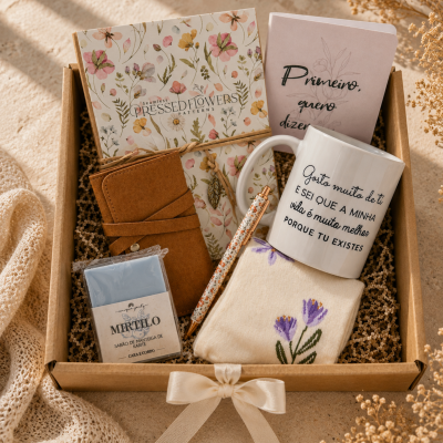 Conjunto de presente com caneca, caderno floral, carteira castanha, caneta, bloco de notas e sabonete embalados numa caixa de cartão.