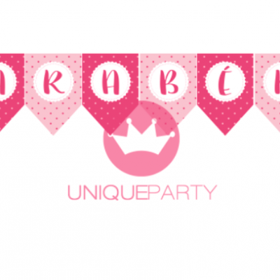 Bandeirola decorativa rosa com a palavra PARABÉNS e ícones de cupcake e bolinho