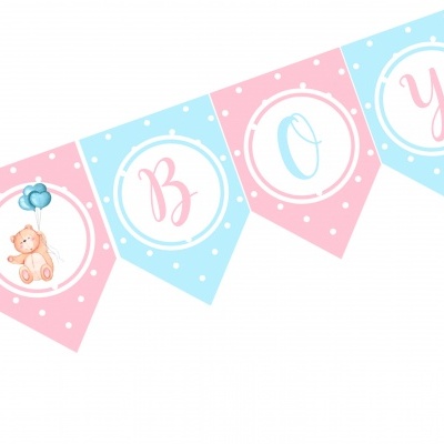 Bandeirola com letras e urso segurando balões