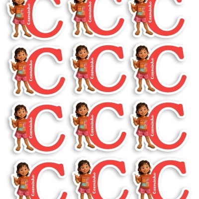 Letras 'C' vermelhas com personagem infantil segurando livro ao lado e texto 'Cucamelho'