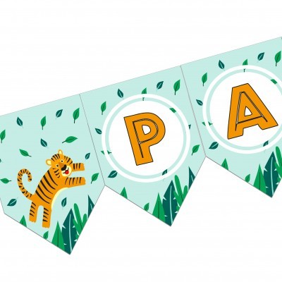 Faixa decorativa de papel com letras e tigre em fundo azul claro e folhas verdes